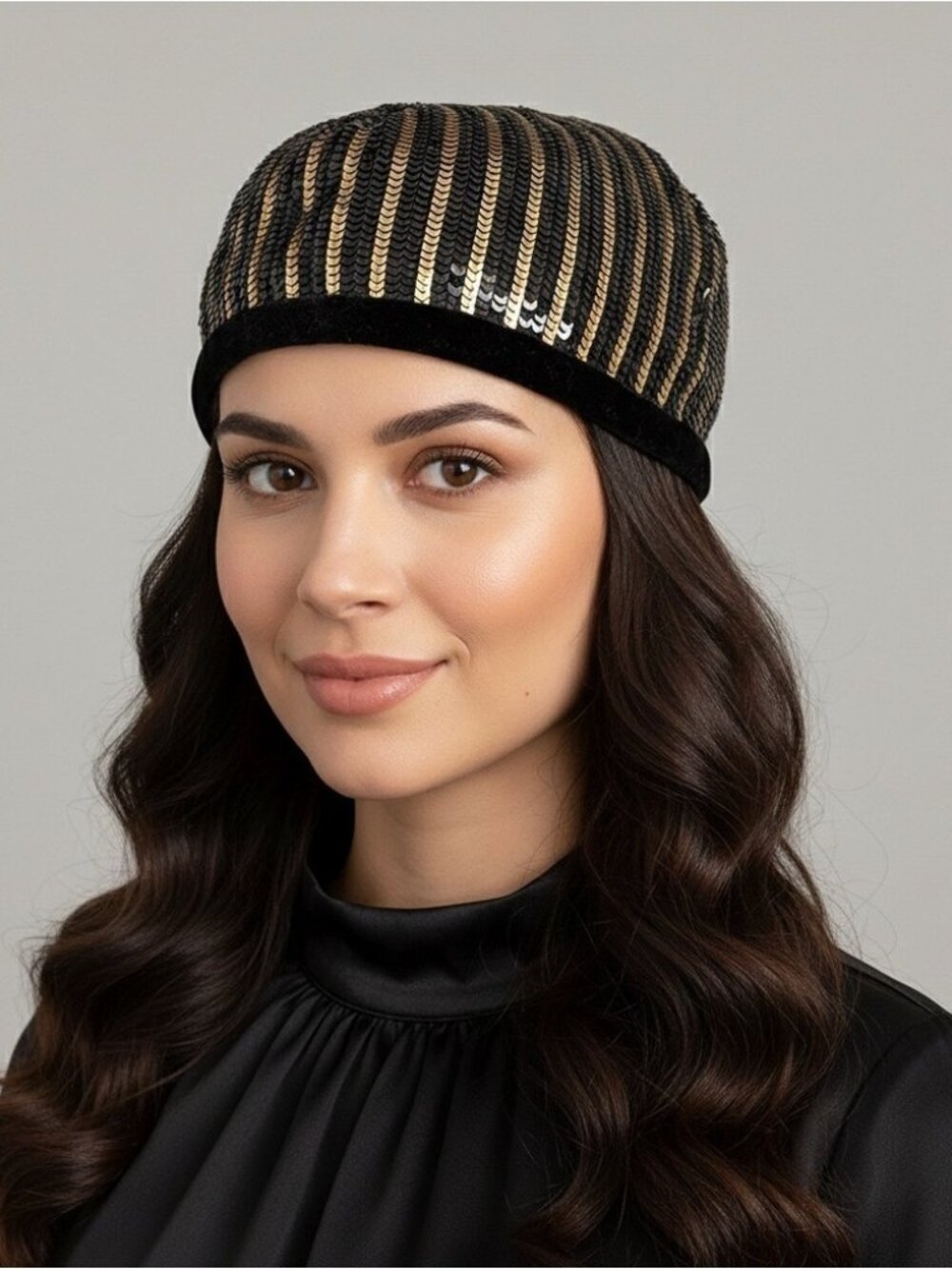 Vintage Escada Sequin Black & Gold Skullcap Pillbox Hat - Small, Germany 🇩🇪